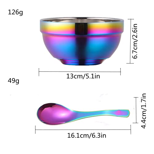 JYJFGSFA 14oz Rainbow Bowl Set with 4x Soup Bowls and 4x Soup Spoons, 304 Stainless Steel Double-Walled Cereal Bowls for Breakfast, Drop Resistance Children Bowls