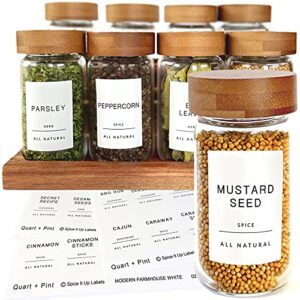 quart + pint 140 glossy spice jar labels: minimalist white sticker black text. waterproof stickers. organization for jars bottles containers bins. storage rack systems for kitchen & pantry labels.