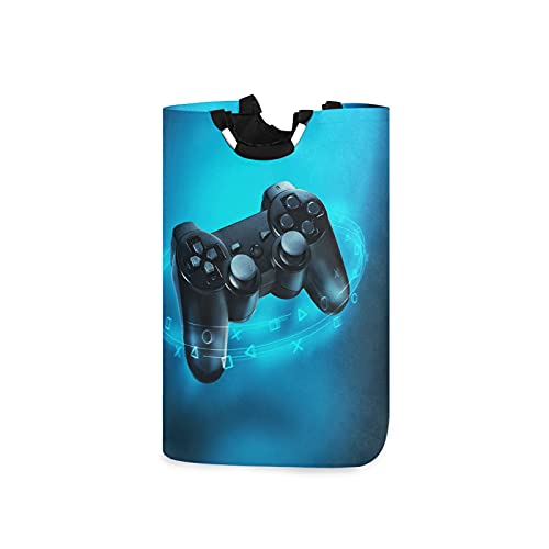 Poeticcity Video Game Controller and Blue Light on Blue Background Laundry Hamper Basket Bucket, Foldable Dirty Clothes Bag, Waterproof Fabric Washing Bin, Toy Storage with Handles for Bathroom