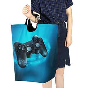 Poeticcity Video Game Controller and Blue Light on Blue Background Laundry Hamper Basket Bucket, Foldable Dirty Clothes Bag, Waterproof Fabric Washing Bin, Toy Storage with Handles for Bathroom