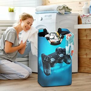 Poeticcity Video Game Controller and Blue Light on Blue Background Laundry Hamper Basket Bucket, Foldable Dirty Clothes Bag, Waterproof Fabric Washing Bin, Toy Storage with Handles for Bathroom