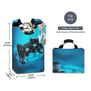 Poeticcity Video Game Controller and Blue Light on Blue Background Laundry Hamper Basket Bucket, Foldable Dirty Clothes Bag, Waterproof Fabric Washing Bin, Toy Storage with Handles for Bathroom