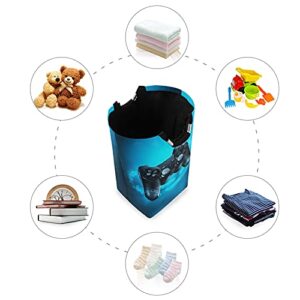 Poeticcity Video Game Controller and Blue Light on Blue Background Laundry Hamper Basket Bucket, Foldable Dirty Clothes Bag, Waterproof Fabric Washing Bin, Toy Storage with Handles for Bathroom