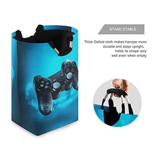 Poeticcity Video Game Controller and Blue Light on Blue Background Laundry Hamper Basket Bucket, Foldable Dirty Clothes Bag, Waterproof Fabric Washing Bin, Toy Storage with Handles for Bathroom