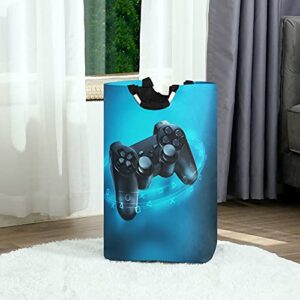 Poeticcity Video Game Controller and Blue Light on Blue Background Laundry Hamper Basket Bucket, Foldable Dirty Clothes Bag, Waterproof Fabric Washing Bin, Toy Storage with Handles for Bathroom