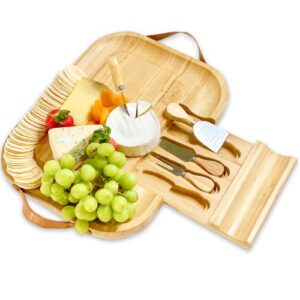 bamboo cheese board and knife set - wooden charcuterie tray with leather handles and slide out drawer - entertaining essential for wine and cheese lovers - cheese boards charcuterie boards