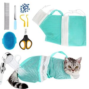 cat bag for bathing 8 pcs set with cat shower net bag adjustable pet grooming brush nail clipper nail file hair combs tick tool nail caps, nail trimming bath cleaning supplies kit for cats & dogs