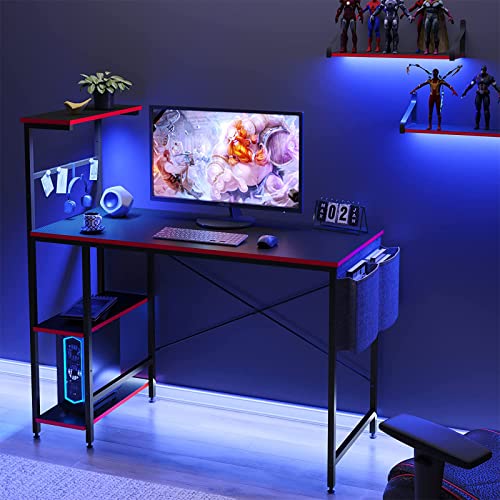 Bestier Gaming Desk with LED Lights, Computer Desk with 4 Tiers Shelves, 44 Inch Office Desk with Storage Bag & Printer Shelf (Black Carbon Fiber)