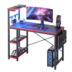 Bestier Gaming Desk with LED Lights, Computer Desk with 4 Tiers Shelves, 44 Inch Office Desk with Storage Bag & Printer Shelf (Black Carbon Fiber)