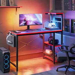 Bestier Gaming Desk with LED Lights, Computer Desk with 4 Tiers Shelves, 44 Inch Office Desk with Storage Bag & Printer Shelf (Black Carbon Fiber)