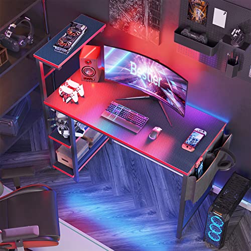 Bestier Gaming Desk with LED Lights, Computer Desk with 4 Tiers Shelves, 44 Inch Office Desk with Storage Bag & Printer Shelf (Black Carbon Fiber)