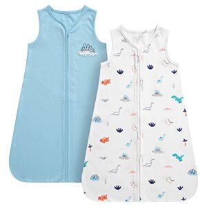daysu cotton baby wearable blanket, sleeveless baby sleep sack with one-way zipper, embroidered and printed baby wearable blanket for newborn baby boys 18-24 months, 2-pack, blue dinosaur