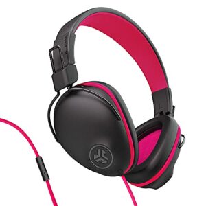 jlab jbuddies pro wired over-ear kids headphones | built-in volume regulators for safety | folding | adjustable | noise isolation | with mic | pink