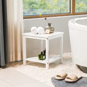 Forevich Shower Corner Bamboo Bench with Shelf, Corner Seat Shower Stool for Inside Shower White