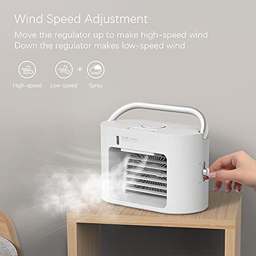 MIKOSI 3 in 1 Portable Air Conditioner Fan, Personal Small Evaporative Air Cooler Humidifier Misting Fan with LED Light, Rechargeable Battery for Room Travel