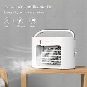 MIKOSI 3 in 1 Portable Air Conditioner Fan, Personal Small Evaporative Air Cooler Humidifier Misting Fan with LED Light, Rechargeable Battery for Room Travel