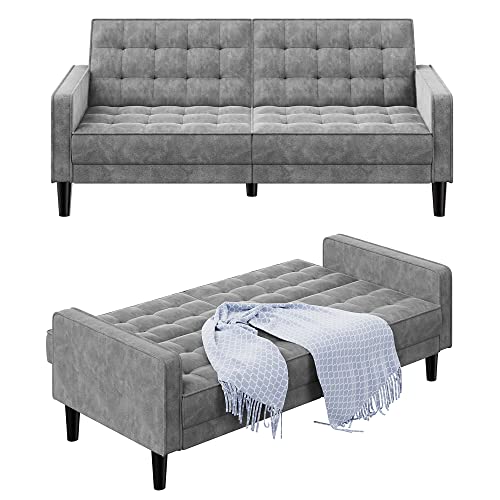 Walsunny Modern loveseat Couch, Mid-Century Velvet Upholstered Futon Sofa Bed, Fold Up/Down Adjustable Sleeper Sofa for Living Room, Bedroom, Apartment(Grey)