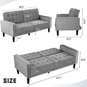 Walsunny Modern loveseat Couch, Mid-Century Velvet Upholstered Futon Sofa Bed, Fold Up/Down Adjustable Sleeper Sofa for Living Room, Bedroom, Apartment(Grey)