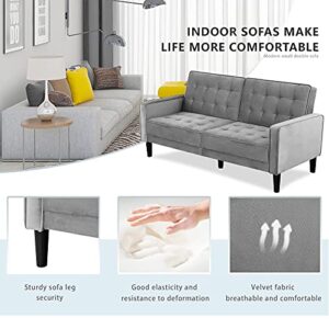 Walsunny Modern loveseat Couch, Mid-Century Velvet Upholstered Futon Sofa Bed, Fold Up/Down Adjustable Sleeper Sofa for Living Room, Bedroom, Apartment(Grey)