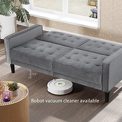 Walsunny Modern loveseat Couch, Mid-Century Velvet Upholstered Futon Sofa Bed, Fold Up/Down Adjustable Sleeper Sofa for Living Room, Bedroom, Apartment(Grey)