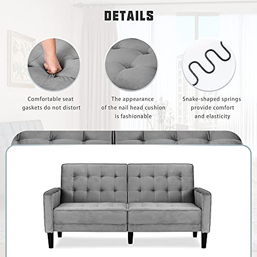 Walsunny Modern loveseat Couch, Mid-Century Velvet Upholstered Futon Sofa Bed, Fold Up/Down Adjustable Sleeper Sofa for Living Room, Bedroom, Apartment(Grey)