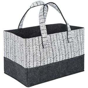 herringbone felt essential storage tote; gray, white; collapsible; two handles; 15 in x 10 in x 10 in