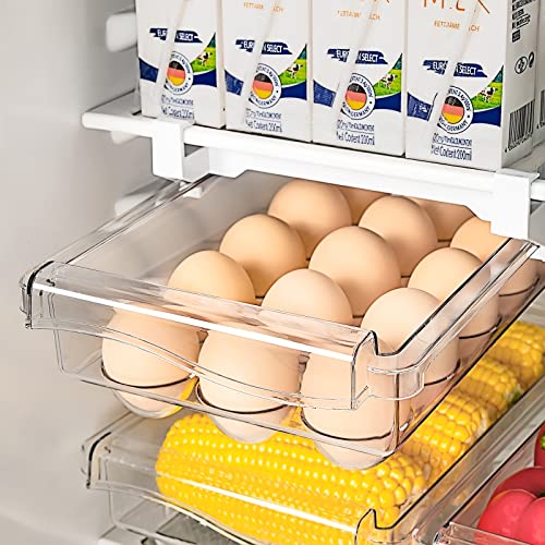 URORU Fridge Drawer Organizer, Unique Design Pull Out Egg Holder For Eefrigerator, Fridge Drawer For 15 Eggs, Egg Container Fit for Refrigerator with Shelf Under 0.6", Clear Acrylic Egg Storage Box…