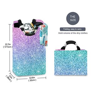 Multicolor Background Glitter Purple Blue Turquoise Gradient Laundry Hamper Basket Bucket, Foldable Dirty Clothes Bag, Waterproof Fabric Washing Bin, Toy Storage with Handles for Bathroom