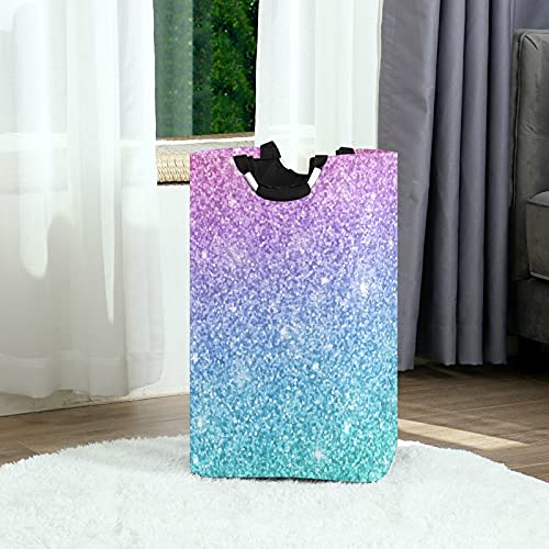 Multicolor Background Glitter Purple Blue Turquoise Gradient Laundry Hamper Basket Bucket, Foldable Dirty Clothes Bag, Waterproof Fabric Washing Bin, Toy Storage with Handles for Bathroom