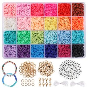 quefe 5000 pcs clay heishi beads polymer flat round disc beads kit, including 130 pcs letter beads lobster clasp and jump rings for diy jewelry marking bracelets necklace earring, 24 colors 6mm