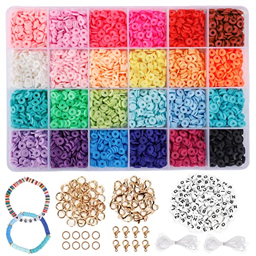 Quefe 5000 Pcs Clay Heishi Beads Polymer Flat Round Disc Beads Kit, Including 130 Pcs Letter Beads Lobster Clasp and Jump Rings for DIY Jewelry Marking Bracelets Necklace Earring, 24 Colors 6mm