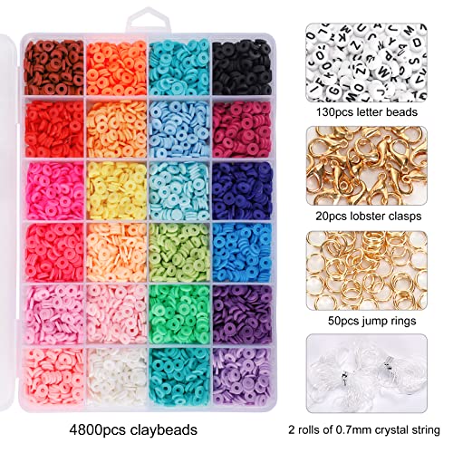 Quefe 5000 Pcs Clay Heishi Beads Polymer Flat Round Disc Beads Kit, Including 130 Pcs Letter Beads Lobster Clasp and Jump Rings for DIY Jewelry Marking Bracelets Necklace Earring, 24 Colors 6mm