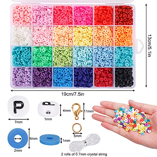 Quefe 5000 Pcs Clay Heishi Beads Polymer Flat Round Disc Beads Kit, Including 130 Pcs Letter Beads Lobster Clasp and Jump Rings for DIY Jewelry Marking Bracelets Necklace Earring, 24 Colors 6mm