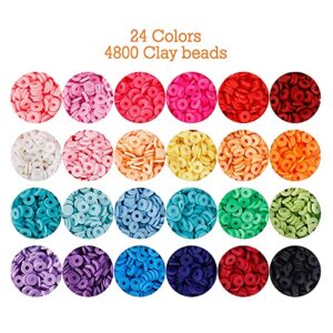 Quefe 5000 Pcs Clay Heishi Beads Polymer Flat Round Disc Beads Kit, Including 130 Pcs Letter Beads Lobster Clasp and Jump Rings for DIY Jewelry Marking Bracelets Necklace Earring, 24 Colors 6mm