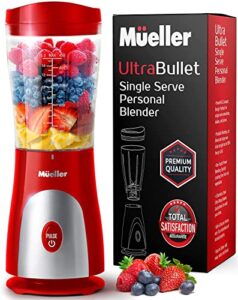 mueller ultra bullet personal blender for shakes and smoothies with 15 oz travel cup and lid, juices, baby food, heavy-duty portable blender & food processor, red