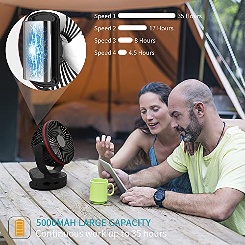 Camping Clip On Fan 5000mAh, 4 Speeds Quiet Airflow Personal Fan with 35 Hours Work Time for Tent Lantern , Hurricane Emergency, Battery Operated Desk Fan With Hanging Hook for Home & Office