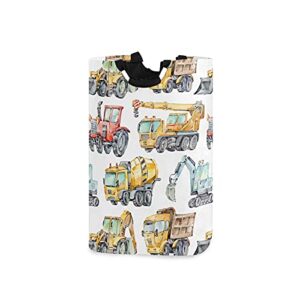 watercolor trucks and cars red tractor, excavator, concrete mixer laundry hamper basket bucket, foldable dirty clothes bag, waterproof fabric washing bin, toy storage with handles for bathroom