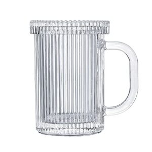 Lysenn Clear Glass Coffee Mug - Classic Vertical Stripes Tea Mug - Elegant Coffee Cup with Glass Lid for Latte, Espresso - Lovely Gift for Christmas, Anniversary and Birthday - 11 oz