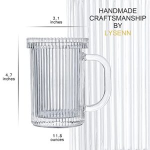 Lysenn Clear Glass Coffee Mug - Classic Vertical Stripes Tea Mug - Elegant Coffee Cup with Glass Lid for Latte, Espresso - Lovely Gift for Christmas, Anniversary and Birthday - 11 oz