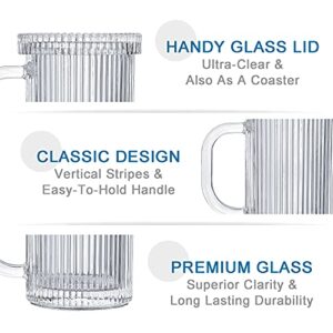 Lysenn Clear Glass Coffee Mug - Classic Vertical Stripes Tea Mug - Elegant Coffee Cup with Glass Lid for Latte, Espresso - Lovely Gift for Christmas, Anniversary and Birthday - 11 oz