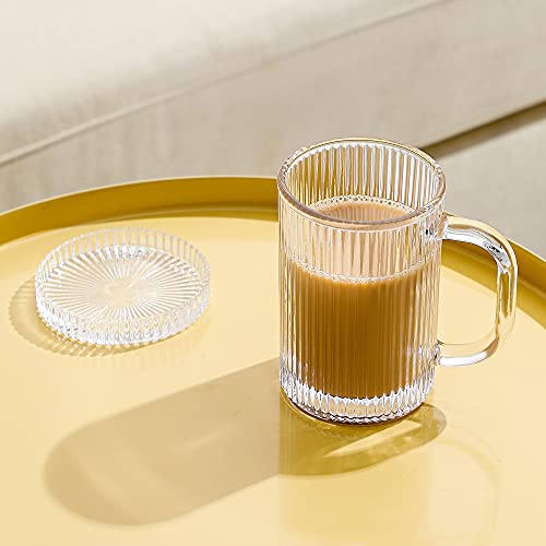 Lysenn Clear Glass Coffee Mug - Classic Vertical Stripes Tea Mug - Elegant Coffee Cup with Glass Lid for Latte, Espresso - Lovely Gift for Christmas, Anniversary and Birthday - 11 oz