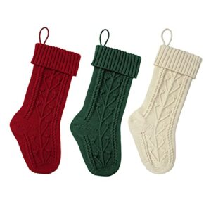 bellivera christmas stockings 3 pack large size cable knitted xmas stockings 18 inch personalized heart red & white & green hanging stockings set for christmas decorations