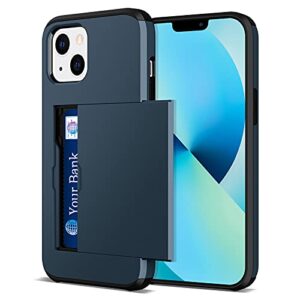 jiunai compatible with iphone 13 mini case, credit card ids holder wallet back pocket slide cover card slot dual layer bumper shell rubber cover phone case designed for iphone 13 mini 5.4'' 2021 navy