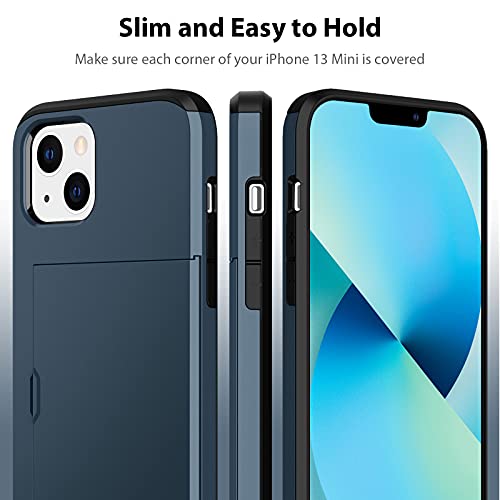 Jiunai Compatible with iPhone 13 Mini Case, Credit Card IDs Holder Wallet Back Pocket Slide Cover Card Slot Dual Layer Bumper Shell Rubber Cover Phone Case Designed for iPhone 13 Mini 5.4'' 2021 Navy