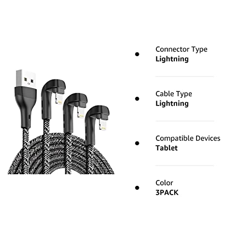 3Pack 90 Degree iPhone Charger 10ft, Apple MFi Certified 10 Feet Lightning Cord Long, Nylon Right Angle 10 Foot Apple iPhone Charging Cable for Apple iPhone 13/12/11/11Pro/11Max/XS/XR /8/7/6S/SE/6/5