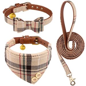 3 pcs dog collars for small dogs puppy collar and leash set dog bow tie with bell puppy bandana leather dog collar for small dogs puppies and cats(beige)