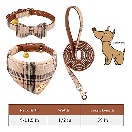 3 PCS Dog Collars for Small Dogs Puppy Collar and Leash Set Dog Bow Tie with Bell Puppy Bandana Leather Dog Collar for Small Dogs Puppies and Cats(Beige)