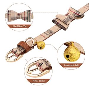 3 PCS Dog Collars for Small Dogs Puppy Collar and Leash Set Dog Bow Tie with Bell Puppy Bandana Leather Dog Collar for Small Dogs Puppies and Cats(Beige)