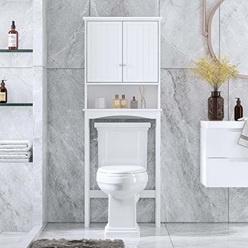 UTEX Bathroom Storage Over The Toilet, Bathroom Cabinet Organizer with Adjustable Shelves and Double Doors, White