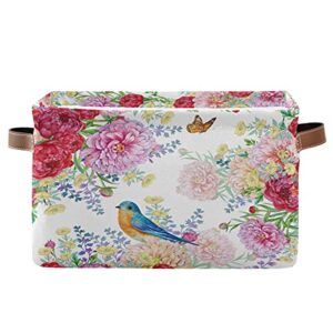 colorful flowers floral bird storage bin with handle foldable canvas storage basket box cube organizer for bedroom home office closet shelve clothes toy,1pc